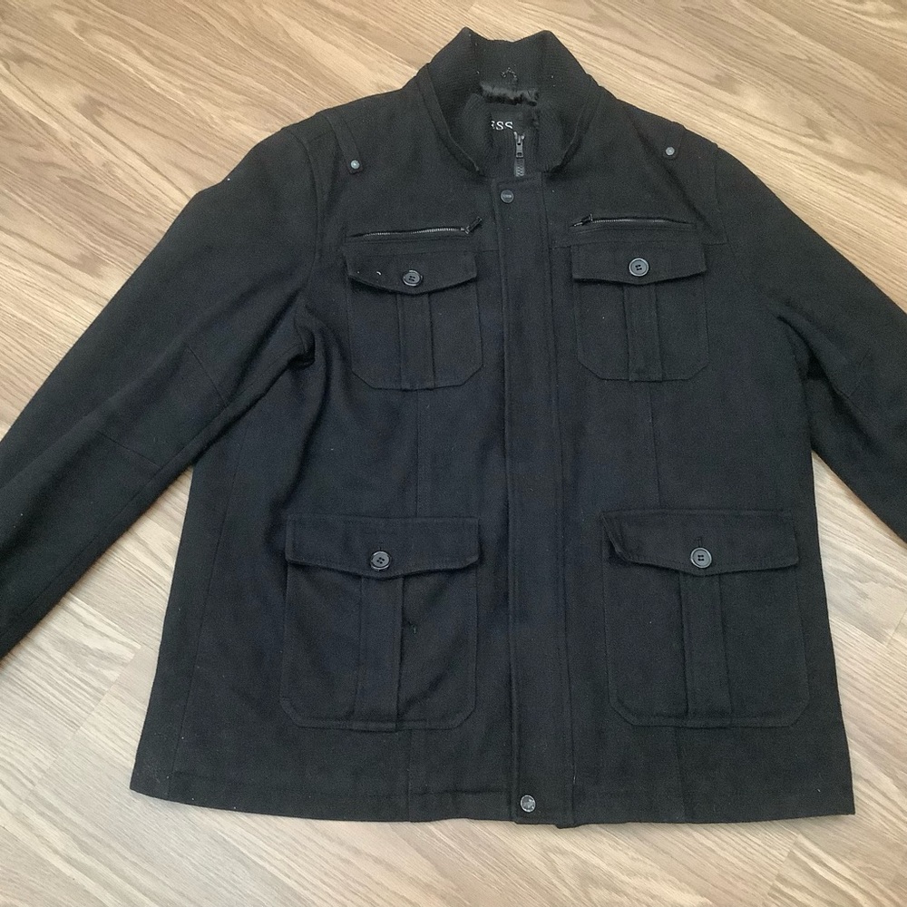 GUESS Wool Blend  Coat Men's Size XXL Jacket Black Military Pockets Lined  -Read